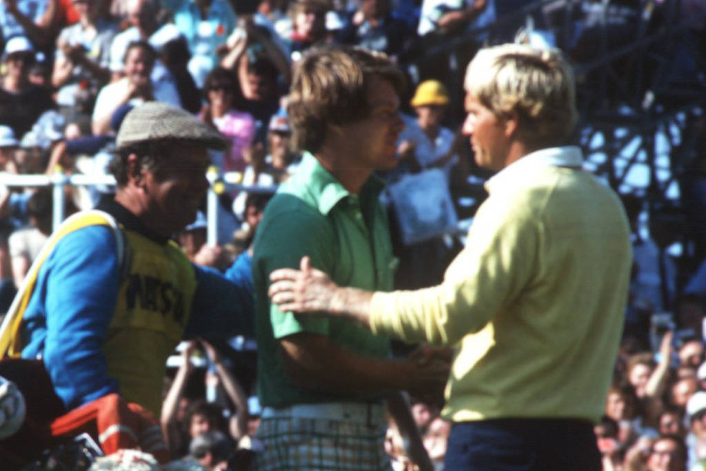 Jack Nicklaus congratulates Tom Watson on the final green at Turnberry